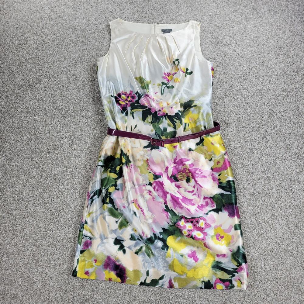 Ann Taylor Dress Womens 2 White Floral Watercolor Silk Blend Belted Pleats
